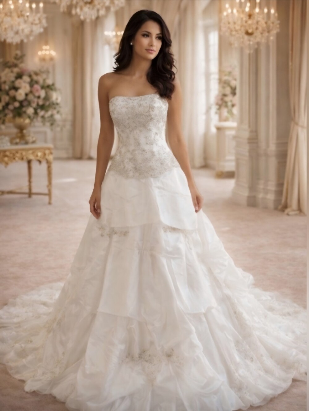 Signature Design Strapless Beaded Corset Organza Tiered Wedding Dress Size 10